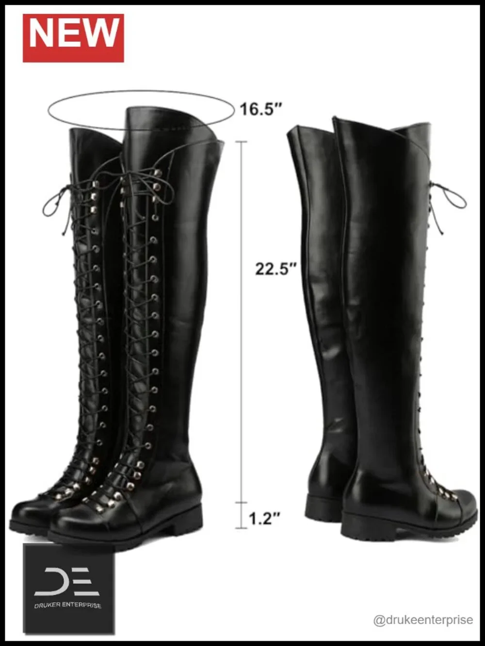 Women's Knee-High Combat Riding Boots PU Leather Lace Up Biker Motorcycle Zip